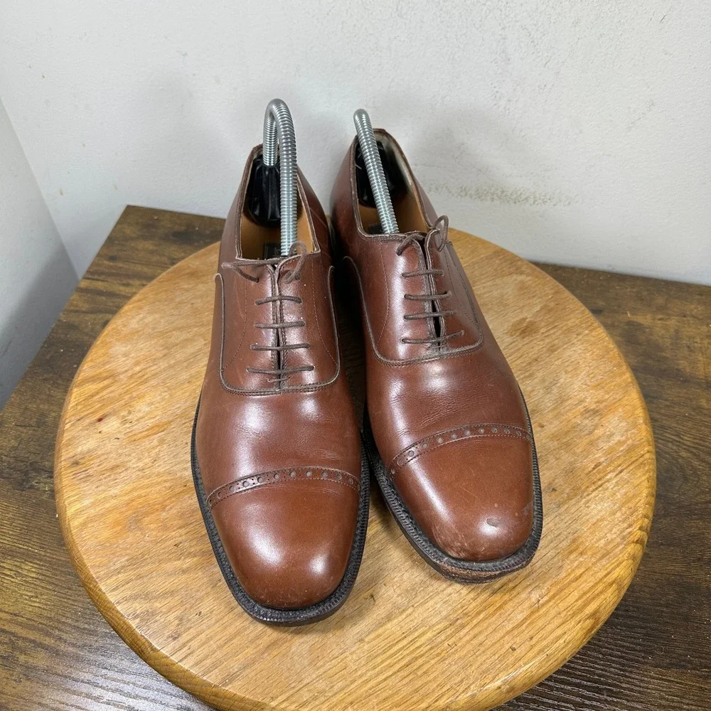 Salvatore Ferragamo Tramezza Brown Leather Cap Toe Oxford Shoes Mens 8 D Italy